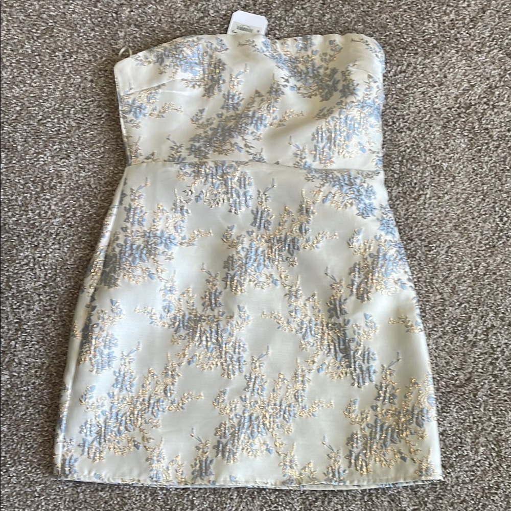 Altard State Elegant Strapless Dress in Cream Blue and Gold